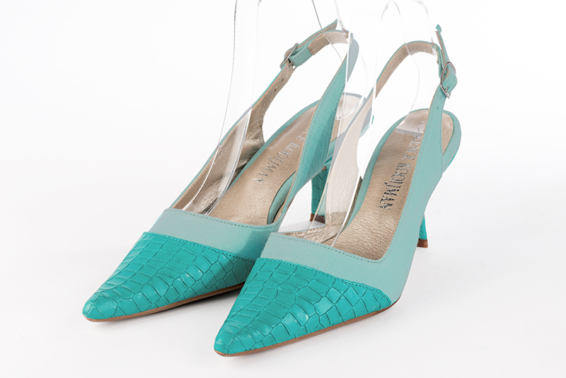 Aquamarine blue women's slingback shoes. Pointed toe. High spool heels. Front view - Florence KOOIJMAN